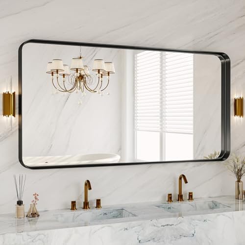 60X30 Inch Black Metal Large Matte Vanity Framed Bathroom Mirror for Wall