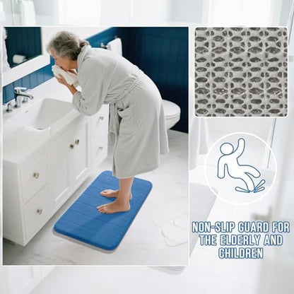 Yimobra Memory Foam Bath Mat, Super Soft Absorbent Bathroom Rug Non Slip 31.5x20 Inch, Quick Dry, Machine Washable Floor Carpet for Tub Shower, Home Decor Accessories, Blue