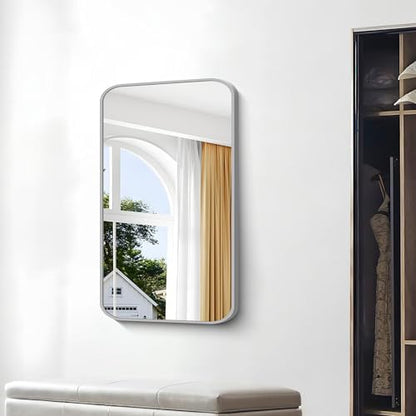 BONEWEI Silver Bathroom Mirror,24x40 inch Wall Mirror for Bathroom Wall Mounted,Rectangle Mirror for Bathroom Over Sink,Modern Frame Round Corner for Living Room,Bedroom Entryway,Horizontal/Vertical