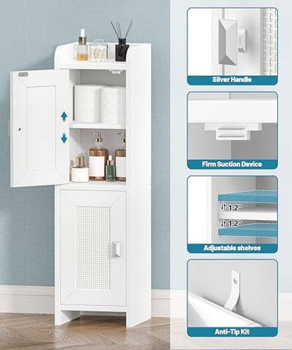 Akxomel Rattan Small Bathroom Cabinet Narrow Toilet Paper Organizer White