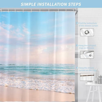 Extra Long Ocean Beach Coastal Seaside Shower Curtain for Bathroom 72W*84H Inch Nautical Summer Seacoast Beachy Waves Seascape Nature Bathtub Decor Waterproof Polyester Fabric Set