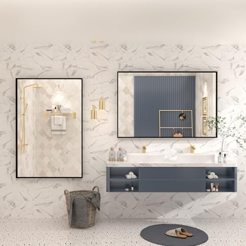 48x30 Inch Black Metal Framed Bathroom Mirror for Wall