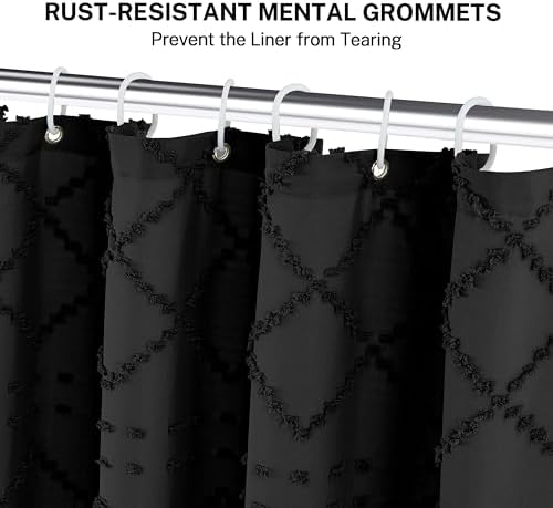 Boho Black Woven Fabric Shower Curtain with Tassels 60 x 72 Modern Farmhouse Minimalist, Tufted Chevron Striped Shabby Chic Textured, Water Resistant Cloth Curtain for Bathroom, Hotel Decor