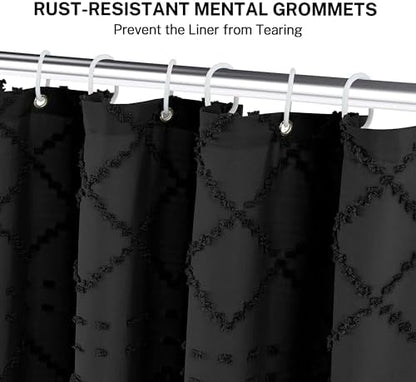 Boho Black Woven Fabric Shower Curtain with Tassels 60 x 72 Modern Farmhouse Minimalist, Tufted Chevron Striped Shabby Chic Textured, Water Resistant Cloth Curtain for Bathroom, Hotel Decor
