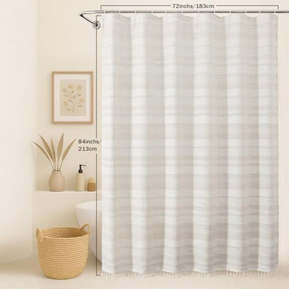 OVZME Extra Long Linen Shower Curtain - 84 Inch Long, Modern Farmhouse Heavy Duty Textured Soft Fabric, Rustic Country Boho Cloth Shower Curtain with Tassel for Bathroom Hotel, 72Wx84L Inches