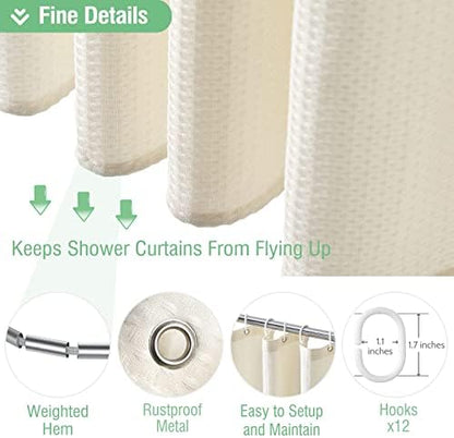 Dynamene Extra Long Waffle Shower Curtain 256 GSM Fabric 72x96 Cream/Ivory
