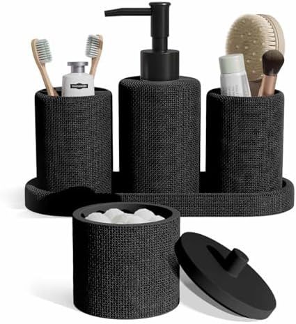 Clara Clark Bathroom Set - Black Bathroom Accessories Set, 5PC Bathroom Accessory Set, Bathroom Sets with Soap Dispenser, Toothbrush Holder, Tumbler, Cotton Swab Jar & Vanity Tray