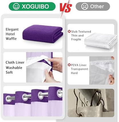 No Hook Shower Curtain with Liner Set Hotel Waffle Deep Purple 72W X 75L