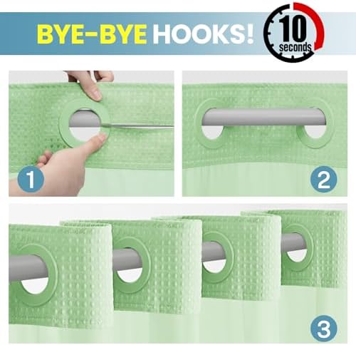 SORTTO No Hook Waffle Shower Curtain with Snap in Liner Set, 71x74, Green