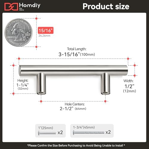 homdiy Cabinet Handles Brushed Nickel Drawer Handles 2-1/2in(64mm) Hole Center Modern Style Round Bar for Kitchen Cabinets 35Pack