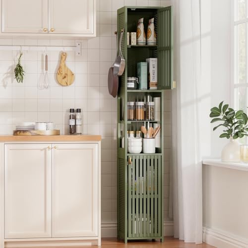 Amazer Tall Bathroom Storage Cabinet 70'', Freestanding Cabinet Storage with Rattan Door and Adjustable Shelves, Bamboo Narrow Storage Cabinet Organizer for Living Room Kitchen, Forest Green
