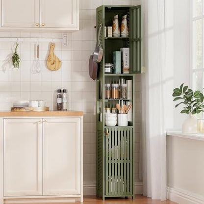 Amazer Tall Bathroom Storage Cabinet 70'', Freestanding Cabinet Storage with Rattan Door and Adjustable Shelves, Bamboo Narrow Storage Cabinet Organizer for Living Room Kitchen, Forest Green