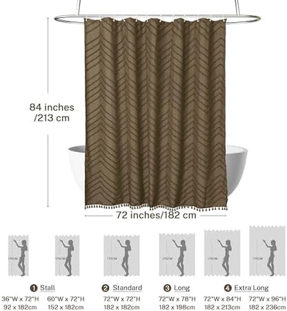 Siiluminisoy Extra Long Boho Shower Curtain, Woven Fabric 84 in Khaki, 72 x 84, Tufted Chevron Striped Modern Chic Textured Minimalist Bathroom Shower Curtain