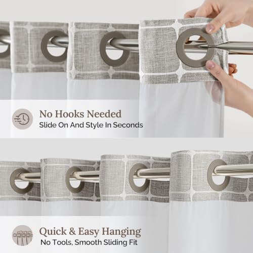 RiverDream Farmhouse No Hooks Shower Curtain with Snap-in Liner,Khaki,71x74