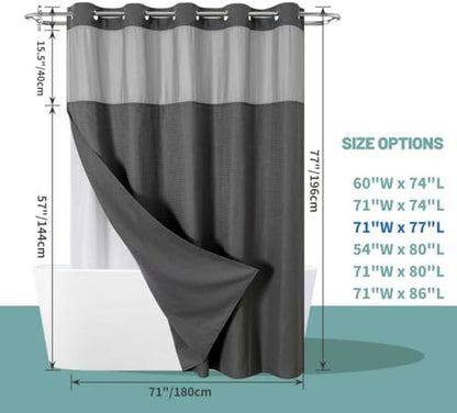 No Hook Waffle Shower Curtain with Snap-in Liner, 71x77 Inch, Charcoal