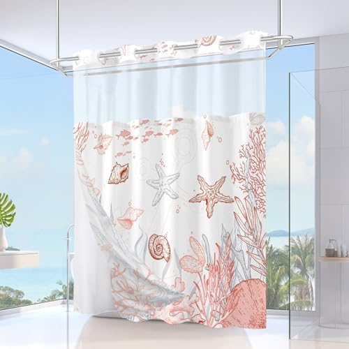No Hook Shower Curtain and Liner Set, Coral Beach Coastal 71x74