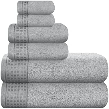 GLAMBURG 100% Cotton Ultra Soft 6 Pack Towel Set, Contains 2 Bath Towels 28x55 Inches, 2 Hand Towels 16x24 Inches & 2 Wash Coths 12x12 Inches, Compact Absorbent Lightweight & Quickdry - Light Grey