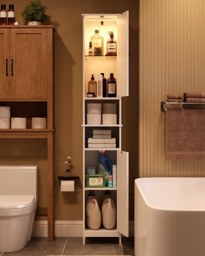 HAIOOU Tall Narrow Bathroom Storage Cabinet with Light for Small Spaces