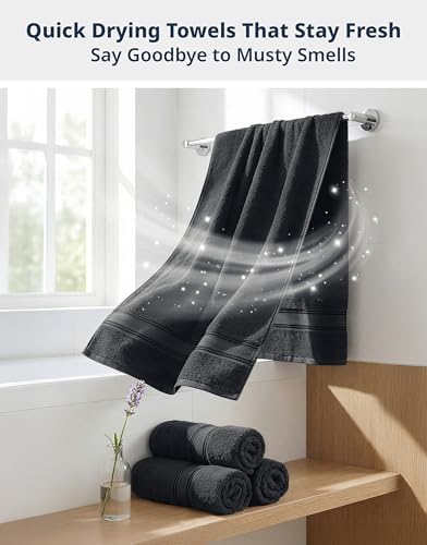 LANE LINEN Bath Towel Set Quick Dry 100% Cotton 12 Piece Soft - Black