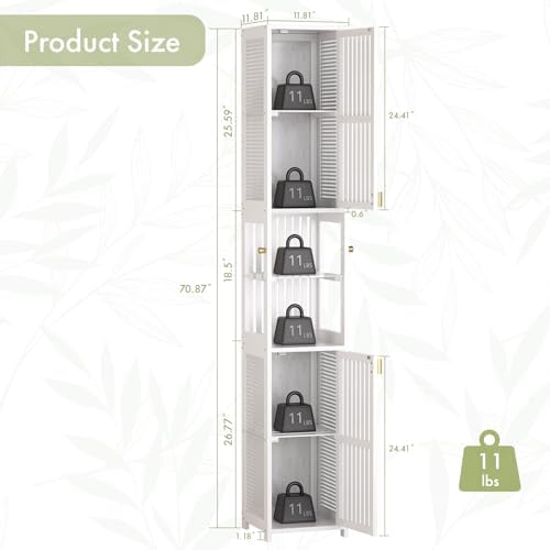 Amazer White Bathroom Storage Cabinet 70'', Bamboo Slim Storage Cabinet with Rattan Door and Adjustable Shelves, Narrow Freestanding Organizer for Living Room Kitchen