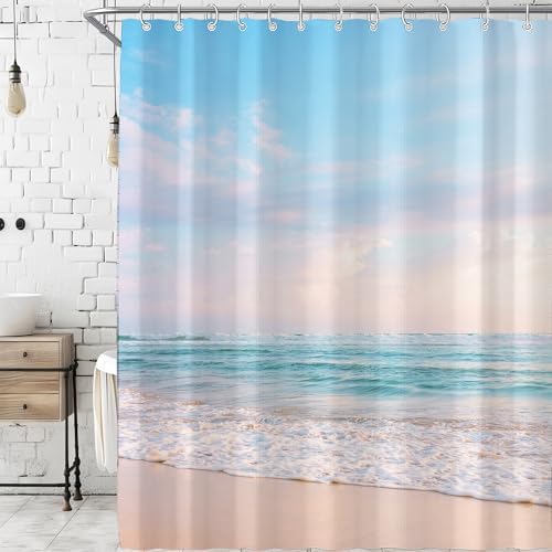 Extra Long Ocean Beach Coastal Seaside Shower Curtain for Bathroom 72W*84H Inch Nautical Summer Seacoast Beachy Waves Seascape Nature Bathtub Decor Waterproof Polyester Fabric Set