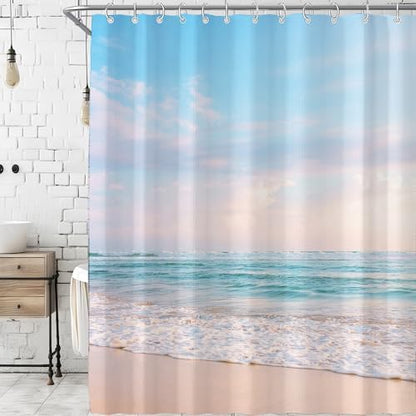 Extra Long Ocean Beach Coastal Seaside Shower Curtain for Bathroom 72W*84H Inch Nautical Summer Seacoast Beachy Waves Seascape Nature Bathtub Decor Waterproof Polyester Fabric Set