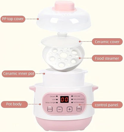 Pink 1L Ceramic Slow Cooker with Steamer Basket, 200W Mini Electric Stew Pot, 24-Hour Delayed Start & Auto Keep-Warm, Household Kitchen Safety Dry-Burn Protection Porridge & Soup Pot