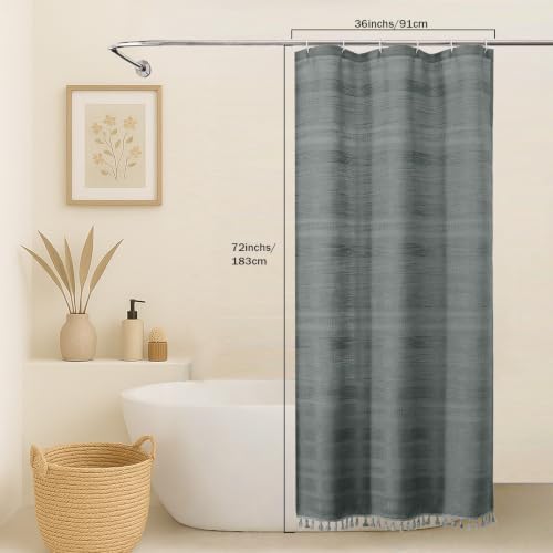 OVZME Small Stall Shower Curtain - Linen Textured Bathroom Curtain with Boho Tassel, Heavy Duty Farmhouse Bath Decor for RV Camper, Machine Washable, 36Wx72L Inches, Light Grey