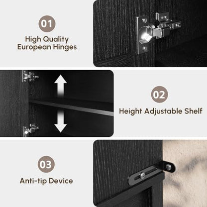 HMstone Over The Toilet Storage Cabinet, Arched Bathroom Organizer and Storage with Doors and Adjustable Shelf, Space-Saving Freestanding Bathroom Modern Storage Cabinet Over Toilet (Black)