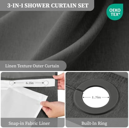 BTTN Charcoal Grey Ringless Linen Look Shower Curtain with Snap Liner 72x75