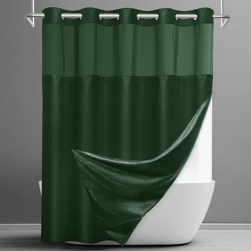 No Hook Waffle Shower Curtain with Snap in Liner Set, 71x74, Dark Green