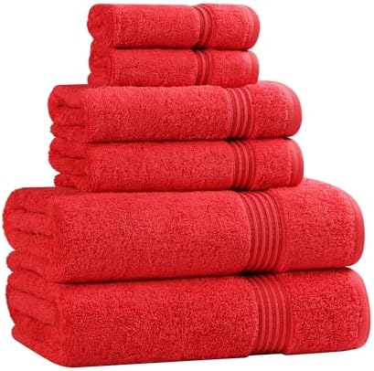 Superior Egyptian Cotton 6-Piece Towel Set, Assorted Towels for Home Bathroom, Master, Guest Bath, Decor Essentials, Includes 2 Bath, 2 Hand, 2 Face Towels/Washcloths, Quick Dry, Absorbent, Red