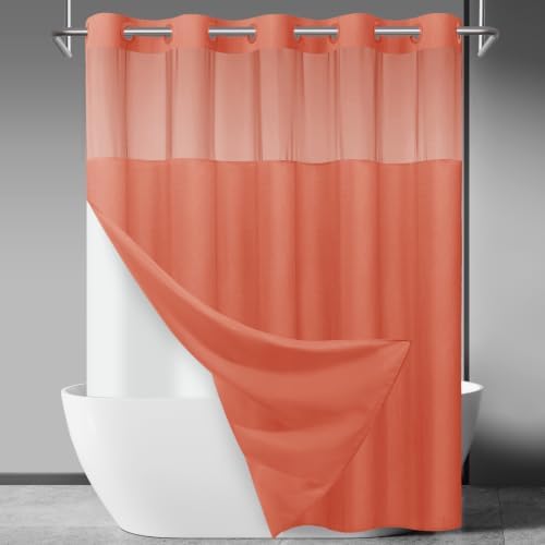 SORTTO No Hook Slub Shower Curtain with Liner, 71x74, Coral