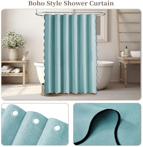 BTTN Teal Boho Scalloped Linen Textured Cloth Shower Curtain Set, 72x72