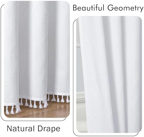 OVZME White Shower Curtain for Bathroom, Puff Printed Textured Shower Curtain with Tassels, Rustic Geometry Heavy Duty Vintage Country Bathroom Curtain, Water Resistant Fabric, 72Wx72L Inches