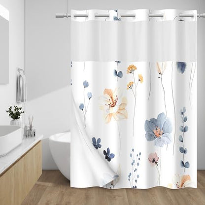 WITHLOC No Hook Floral Shower Curtain with Liner, Blue Beige, 71x74