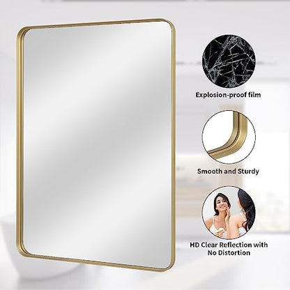 VooBang Bathroom Mirror 24x36 inch, Gold Gorgeous Deep Frame Wall Mirror, Modern Round Corner Bathroom Vanity Mirror for Bedroom, Living Room, Hanging or Leaning Horizontal or Vertical, Gold
