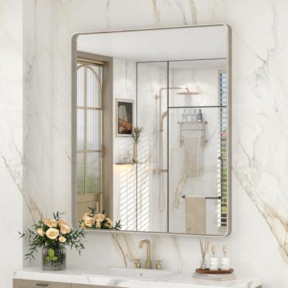 30x36 Inch Brushed Nickel Bathroom Mirror, Brushed Silver Metal Framed Wall Mirror, Rounded Corner Rectangle Modern Vanity Mirror, Tempered Glass, Anti-Rust, Shatterproof (Horizontal/Vertical)