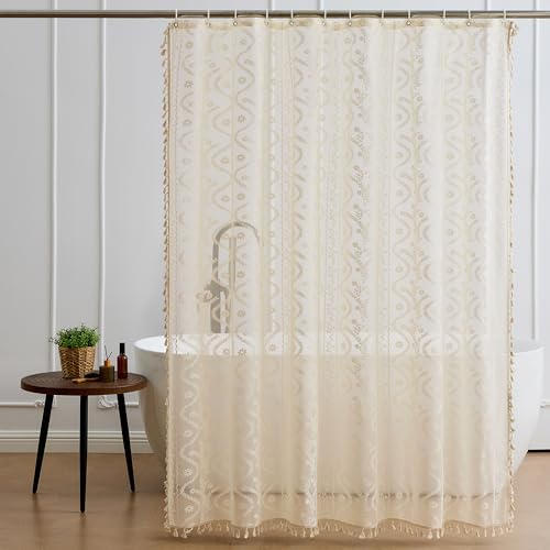 WAZZIO Vintage Lace Shower Curtain for Bathroom 72" W x 72" L, Victorian Farmhouse Floral Pattern Tassel Fancy Shower Curtain Boho Washable Cloth Decorative Bath Curtains,1 Panel