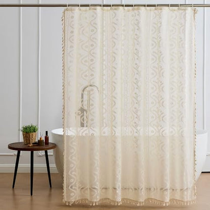 WAZZIO Vintage Lace Shower Curtain for Bathroom 72" W x 72" L, Victorian Farmhouse Floral Pattern Tassel Fancy Shower Curtain Boho Washable Cloth Decorative Bath Curtains,1 Panel