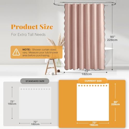 BTTN 72x90 Boho Scalloped Linen Textured Cloth Shower Curtain, Blush Pink