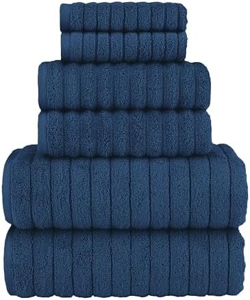 Elegant Comfort 100% Turkish Cotton Corduroy Ribbed Luxury Bath Towels 6-Piece Set, Premium Feel - Quick Dry, Highly Absorbent, Contains 2 Bath Towels, 2 Hand Towels, and 2 Washcloths, Navy