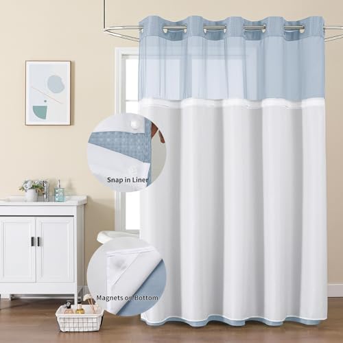 Colorful Star Waffle Weave No Hook Shower Curtain, 72 x 75 Inch, Fog Blue