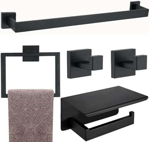 5 Pieces Bathroom Hardware Accessories Set Matte Black, 24Inch Square Towel Racks Set for Bathroom, SUS304 Stainless Steel Towel Bar Set, Toilet Paper Holder with Shelf Wall Mounted