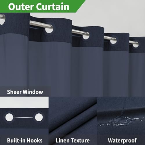 eachope No Hook Fabric Shower Curtain with Snap-in Liner,71x74 Navy Blue