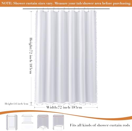 Nanspring White Boho Linen Shower Curtain 72 Inch Long Solid White Weighted Tassel Fabric Bath Curtain Set with Hooks Neutral Rustic Farmhouse Aesthetic Faux Linen Shower Curtain for Bathroom 72x72