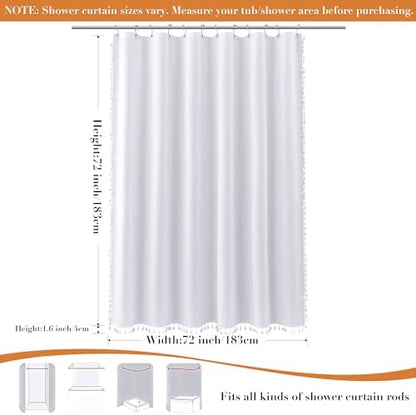 Nanspring White Boho Linen Shower Curtain 72 Inch Long Solid White Weighted Tassel Fabric Bath Curtain Set with Hooks Neutral Rustic Farmhouse Aesthetic Faux Linen Shower Curtain for Bathroom 72x72