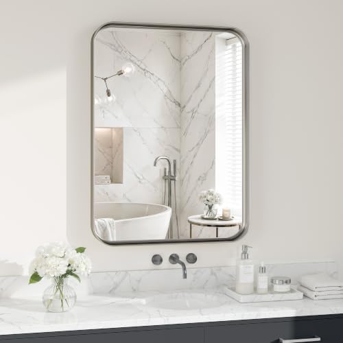 Bathroom Mirror for Wall, 30x22 Inch Rectangle Mirror,Matte Silver Metal Framed Bathroom Vanity Mirror for Restroom Farmhouse, HD Tempered Glass,Anti-Rust Aluminum Alloy Mirror