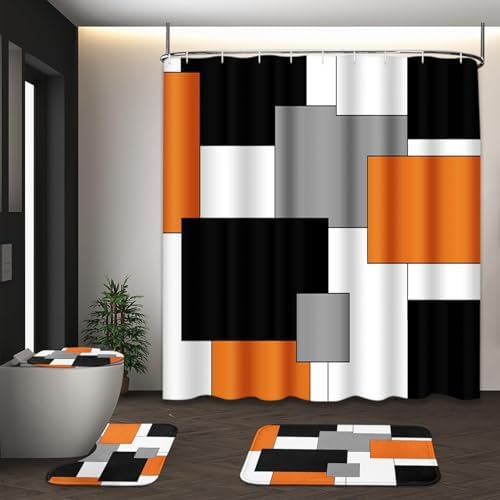 Bathroom Sets with Shower Curtain and Rugs, 4 Pcs, Geometric