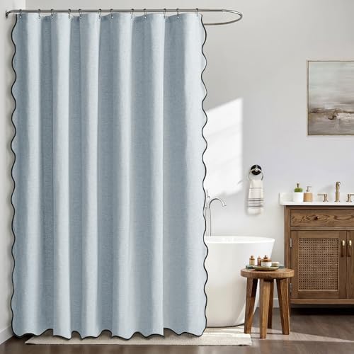 MIULEE 72"x84" Extra Long Scalloped Linen Shower Curtain Light Blue